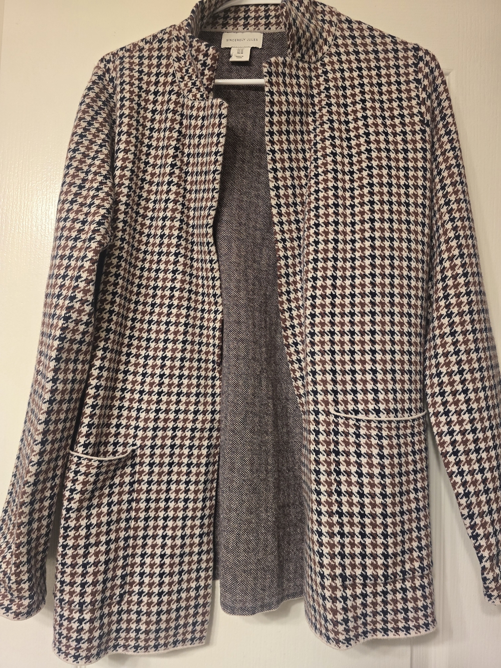 Women's Houndstooth Collarless Coat - Brown/Navy